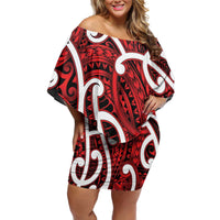 Aotearoa Maori Kowhaiwhai Family Matching Off Shoulder Short Dress and Hawaiian Shirt Whero Puhoro and Patiki LT9 Mom's Dress Red - Polynesian Pride