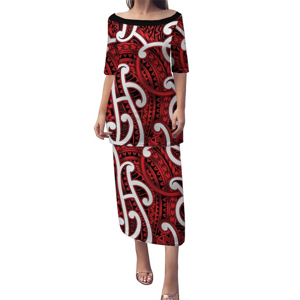 Aotearoa Maori Kowhaiwhai Family Matching Puletasi and Hawaiian Shirt Whero Puhoro and Patiki LT9 Mom's Dress Red - Polynesian Pride