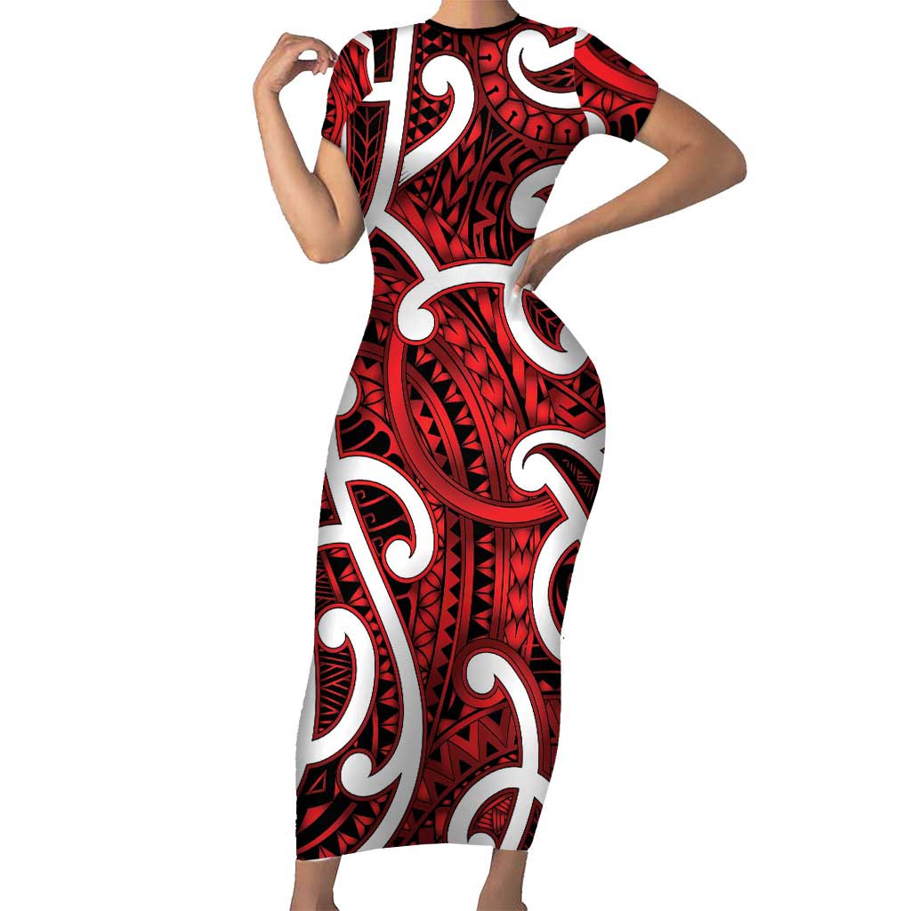 Aotearoa Maori Kowhaiwhai Family Matching Short Sleeve Bodycon Dress and Hawaiian Shirt Whero Puhoro and Patiki LT9 Mom's Dress Red - Polynesian Pride