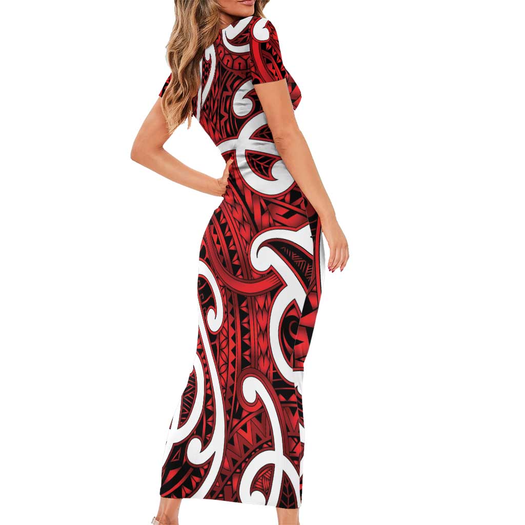 Aotearoa Maori Kowhaiwhai Family Matching Short Sleeve Bodycon Dress and Hawaiian Shirt Whero Puhoro and Patiki LT9 - Polynesian Pride