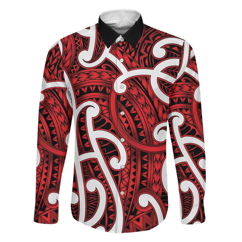 Aotearoa Maori Kowhaiwhai Family Matching Summer Maxi Dress and Hawaiian Shirt Whero Puhoro and Patiki LT9 Dad's Shirt - Long Sleeve Red - Polynesian Pride