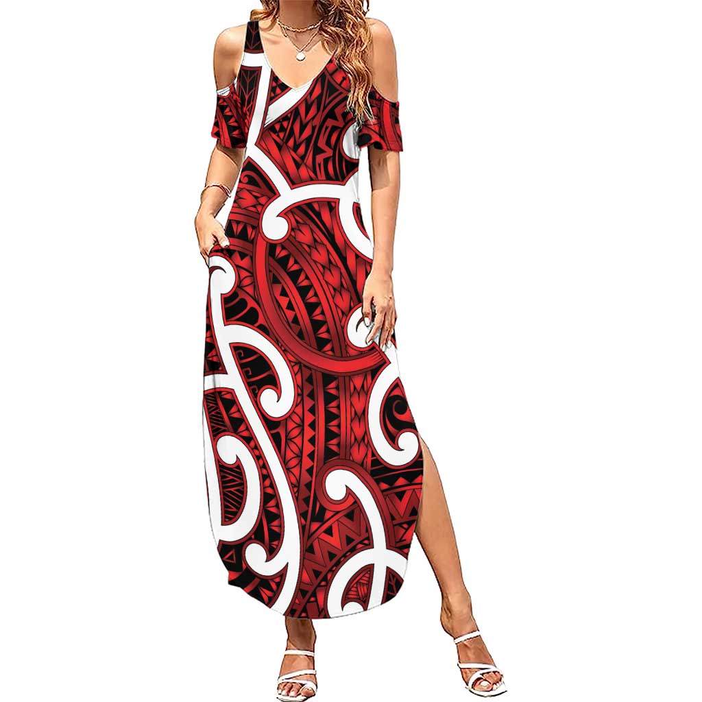 Aotearoa Maori Kowhaiwhai Family Matching Summer Maxi Dress and Hawaiian Shirt Whero Puhoro and Patiki LT9 Mom's Dress Red - Polynesian Pride