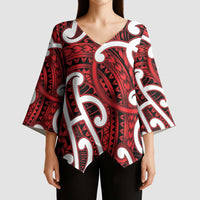 Aotearoa Maori Kowhaiwhai Kimono Sleeve Blouse Whero Puhoro and Patiki