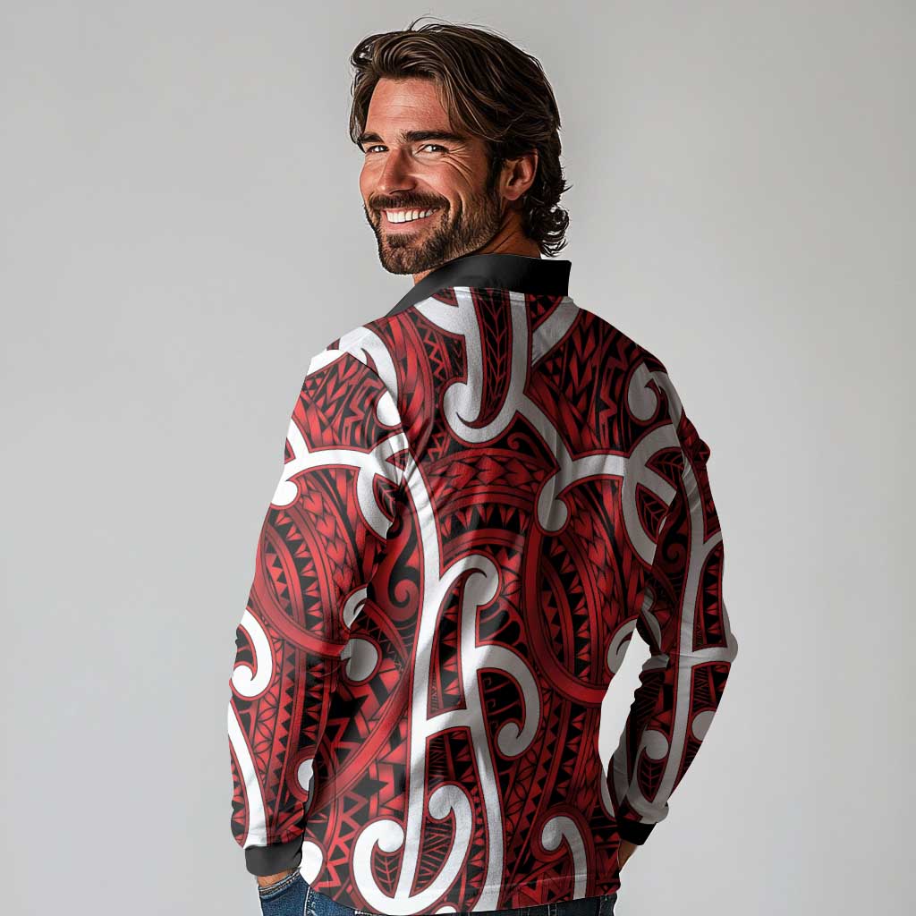 Aotearoa Maori Kowhaiwhai Long Sleeve Polo Shirt Whero Puhoro and Patiki