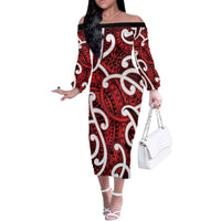 Aotearoa Maori Kowhaiwhai Off The Shoulder Long Sleeve Dress Whero Puhoro and Patiki