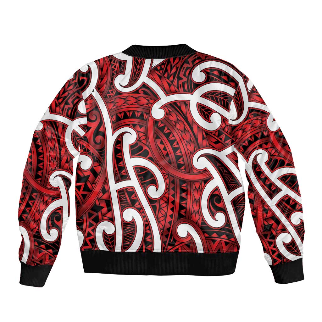 Aotearoa Maori Kowhaiwhai Sleeve Zip Bomber Jacket Whero Puhoro and Patiki