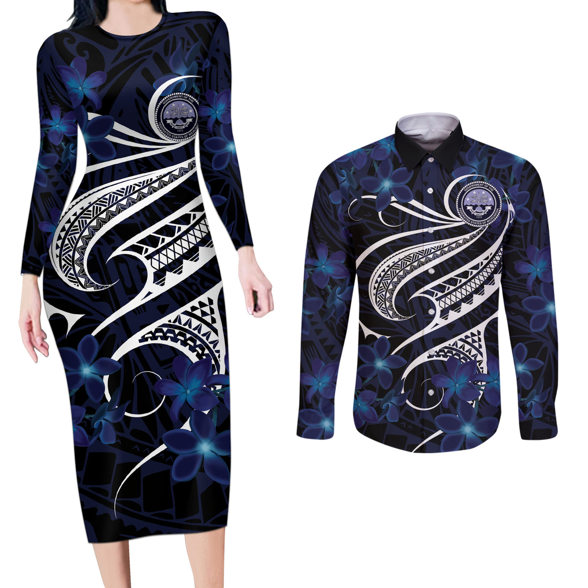 Micronesia Constitution Day Couples Matching Long Sleeve Bodycon Dress and Long Sleeve Button Shirt Since 1979 with Polynesian Hibiscus Pattern
