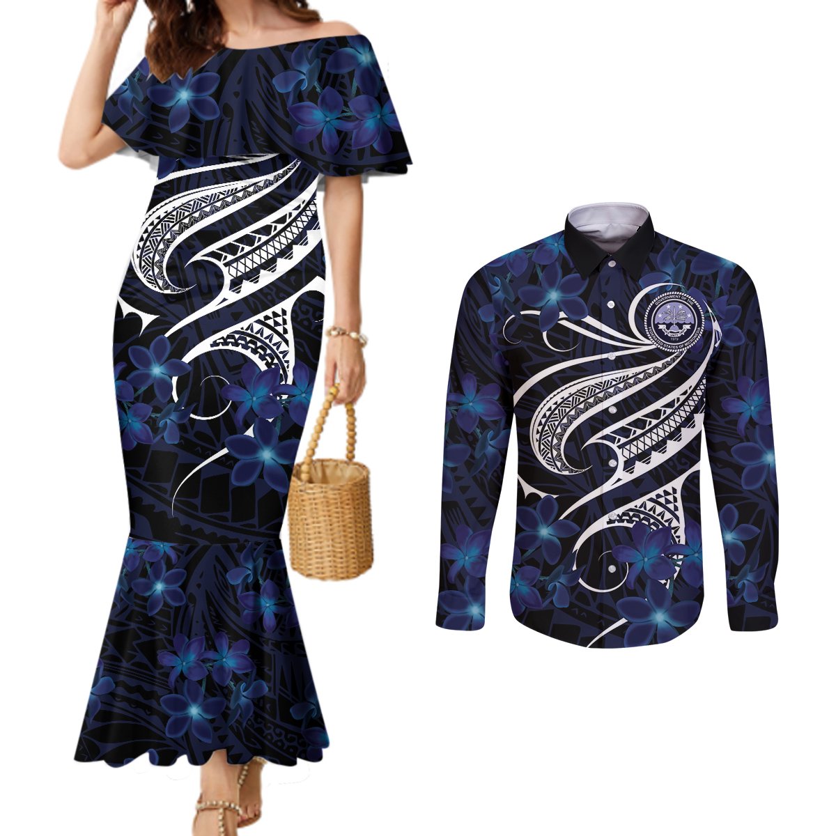 Micronesia Constitution Day Couples Matching Mermaid Dress and Long Sleeve Button Shirt Since 1979 with Polynesian Hibiscus Pattern