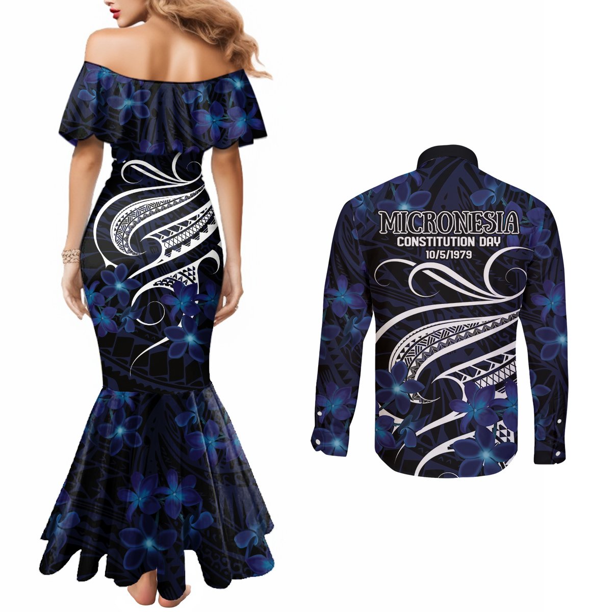 Micronesia Constitution Day Couples Matching Mermaid Dress and Long Sleeve Button Shirt Since 1979 with Polynesian Hibiscus Pattern