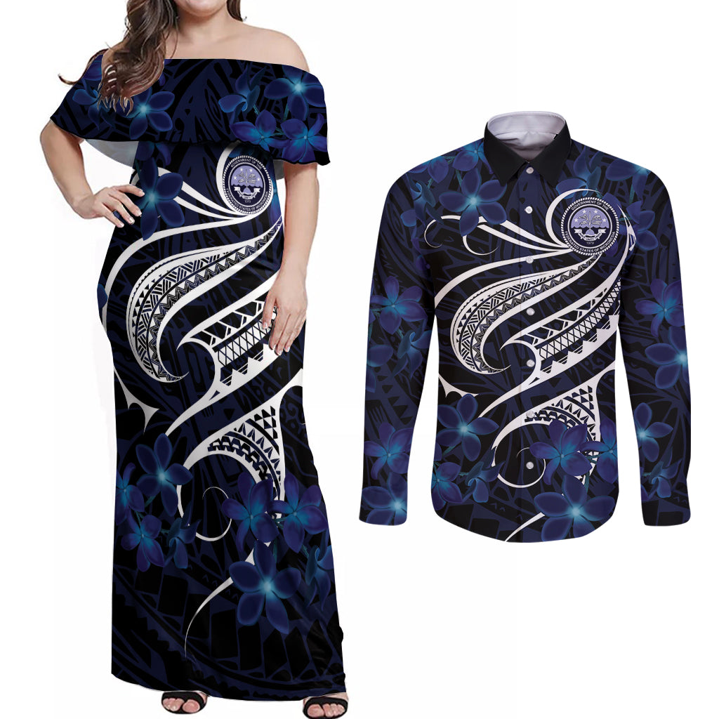 Micronesia Constitution Day Couples Matching Off Shoulder Maxi Dress and Long Sleeve Button Shirt Since 1979 with Polynesian Hibiscus Pattern