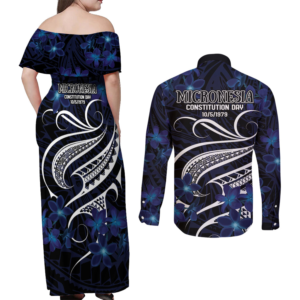 Micronesia Constitution Day Couples Matching Off Shoulder Maxi Dress and Long Sleeve Button Shirt Since 1979 with Polynesian Hibiscus Pattern