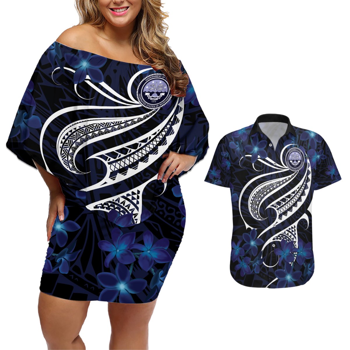 Micronesia Constitution Day Couples Matching Off Shoulder Short Dress and Hawaiian Shirt Since 1979 with Polynesian Hibiscus Pattern