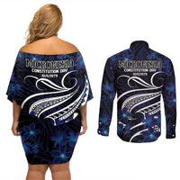 Micronesia Constitution Day Couples Matching Off Shoulder Short Dress and Long Sleeve Button Shirt Since 1979 with Polynesian Hibiscus Pattern