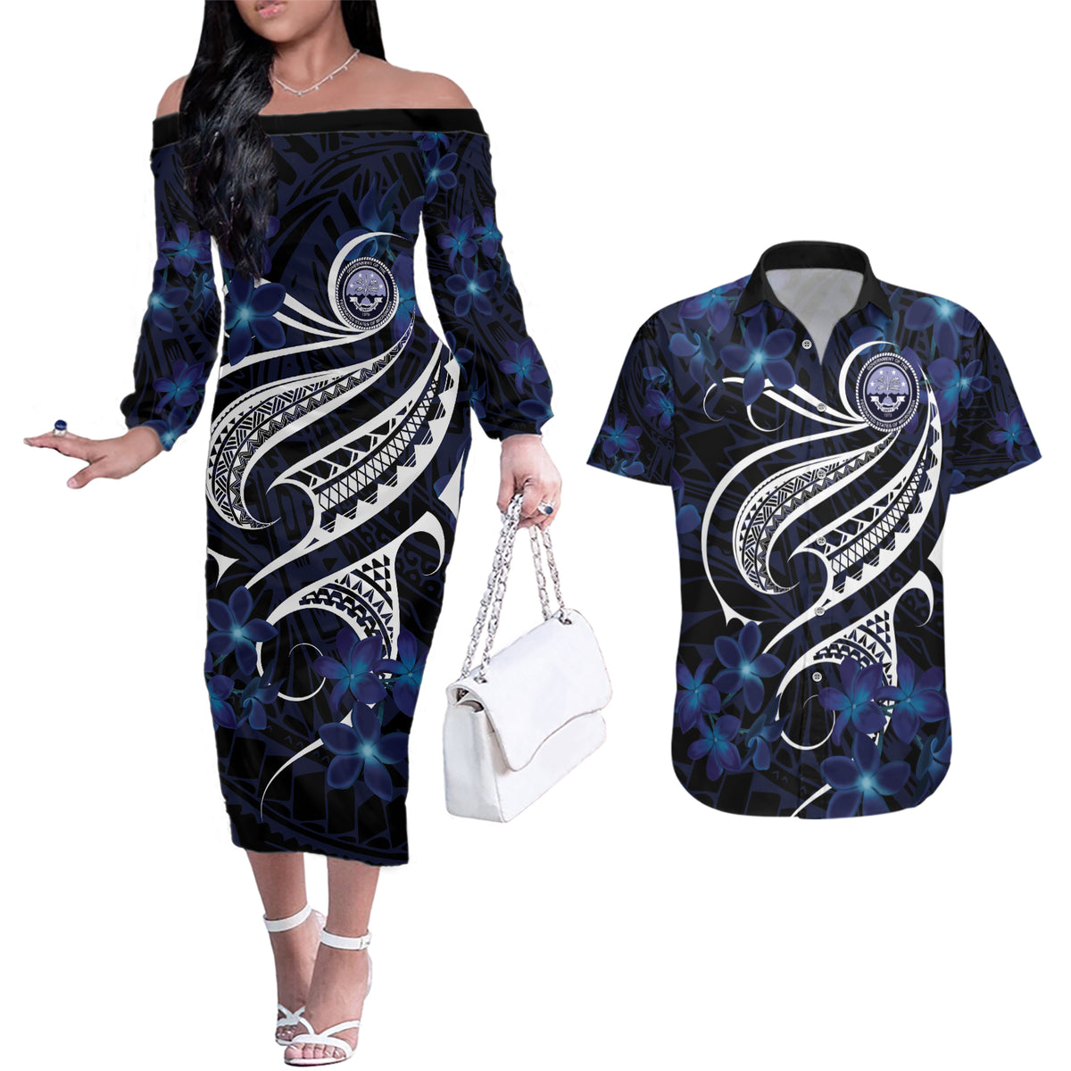Micronesia Constitution Day Couples Matching Off The Shoulder Long Sleeve Dress and Hawaiian Shirt Since 1979 with Polynesian Hibiscus Pattern