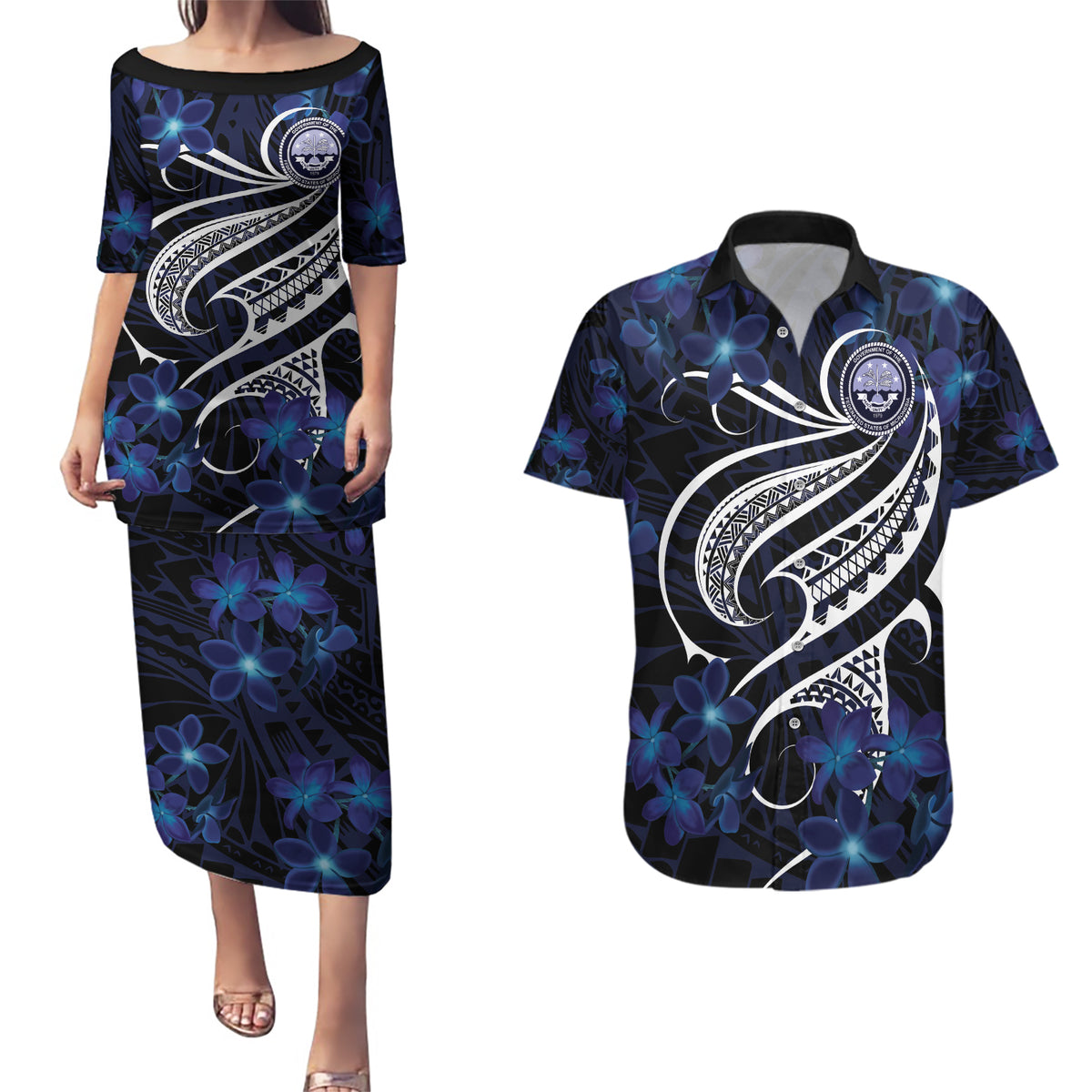 Micronesia Constitution Day Couples Matching Puletasi and Hawaiian Shirt Since 1979 with Polynesian Hibiscus Pattern