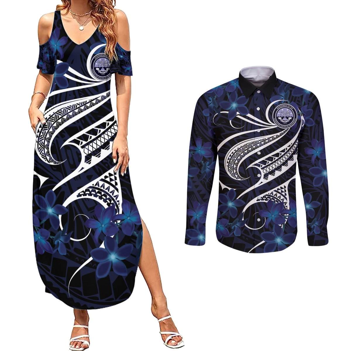 Micronesia Constitution Day Couples Matching Summer Maxi Dress and Long Sleeve Button Shirt Since 1979 with Polynesian Hibiscus Pattern