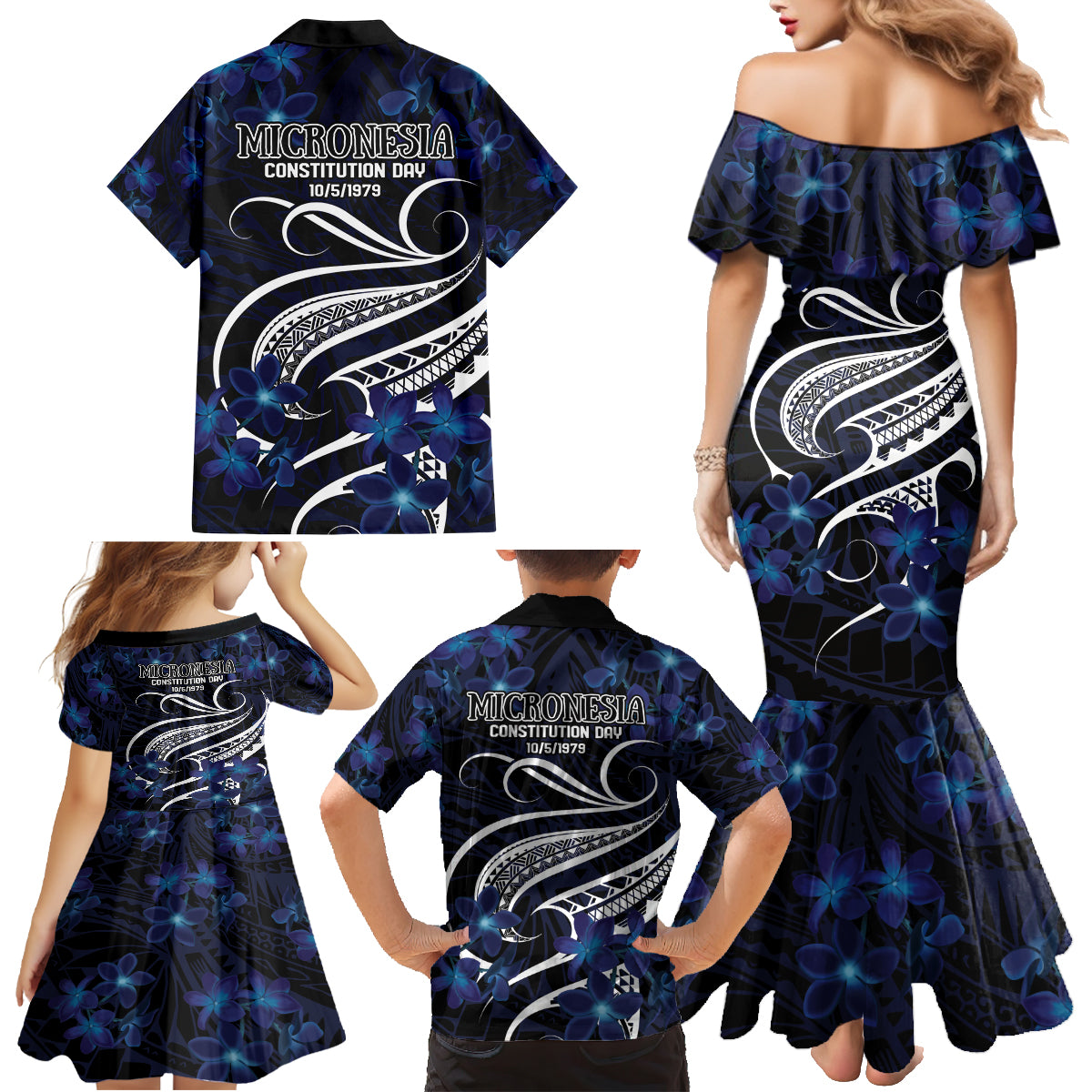Micronesia Constitution Day Family Matching Mermaid Dress and Hawaiian Shirt Since 1979 with Polynesian Hibiscus Pattern