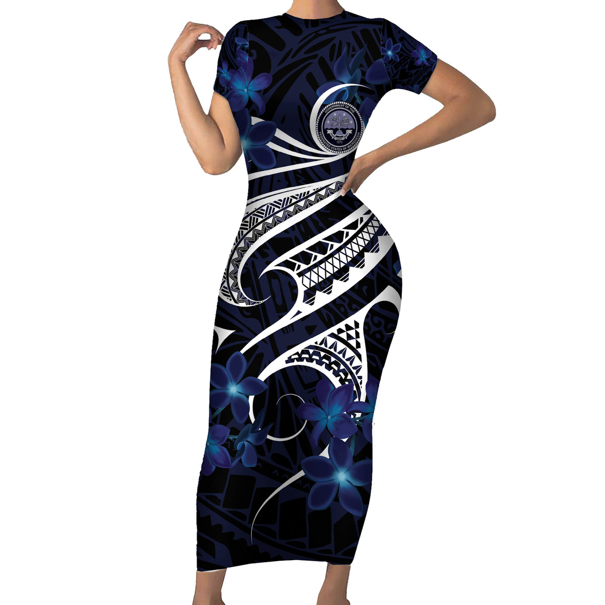 Micronesia Constitution Day Family Matching Short Sleeve Bodycon Dress and Hawaiian Shirt Since 1979 with Polynesian Hibiscus Pattern