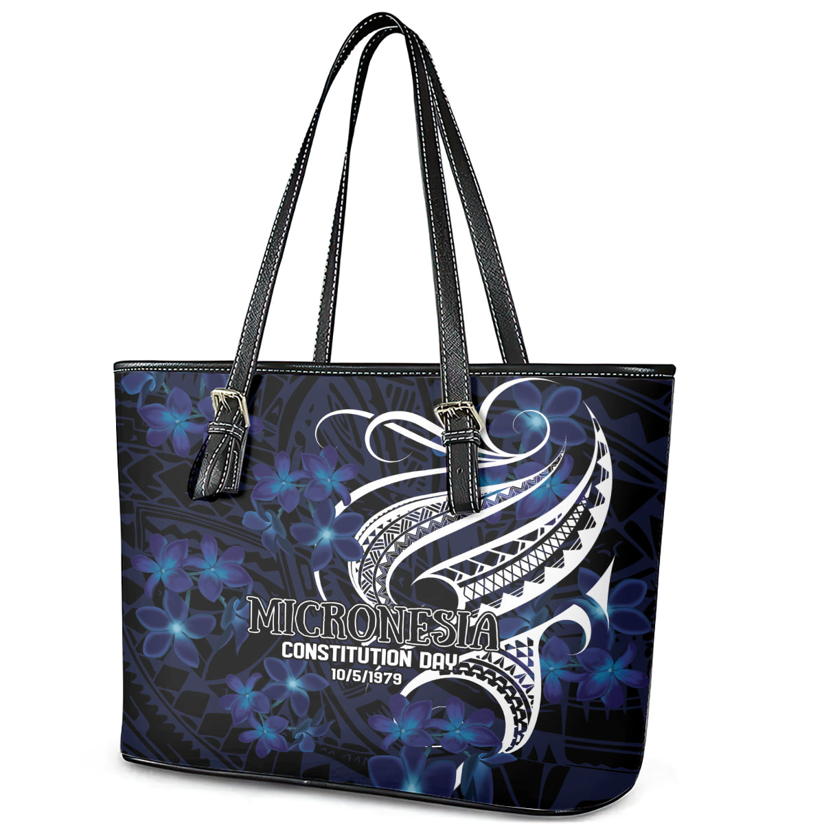 Micronesia Constitution Day Leather Tote Bag Since 1979 with Polynesian Hibiscus Pattern LT9 - Polynesian Pride