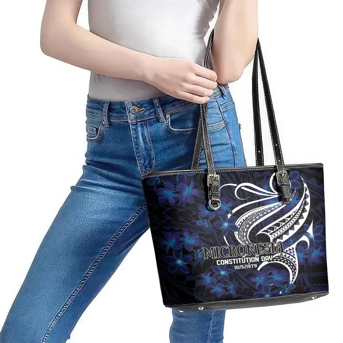 Micronesia Constitution Day Leather Tote Bag Since 1979 with Polynesian Hibiscus Pattern LT9 - Polynesian Pride