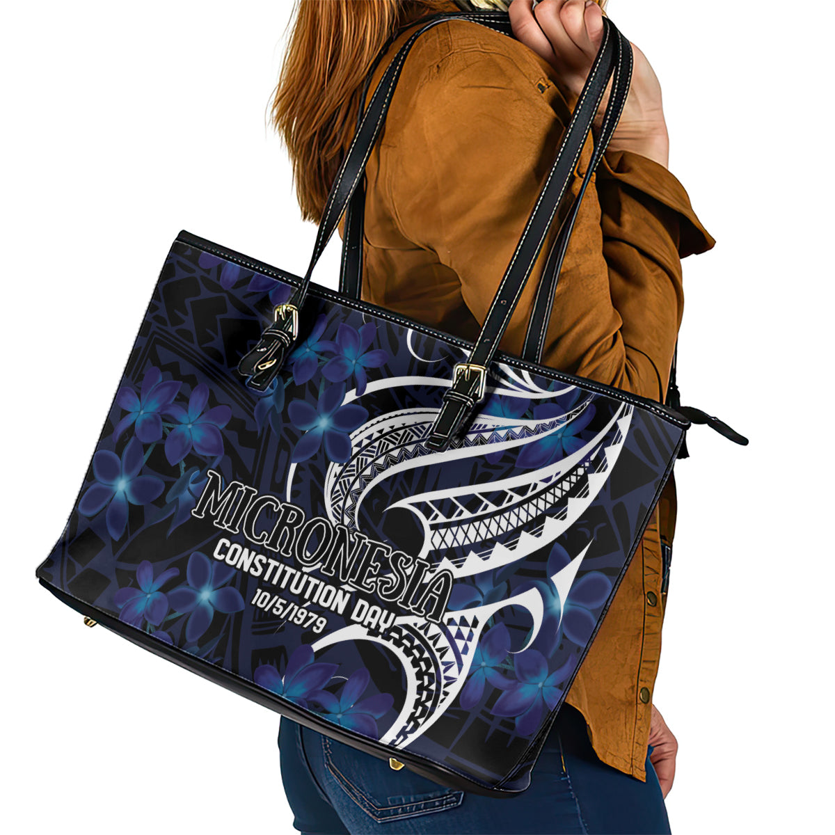 Micronesia Constitution Day Leather Tote Bag Since 1979 with Polynesian Hibiscus Pattern LT9 - Polynesian Pride