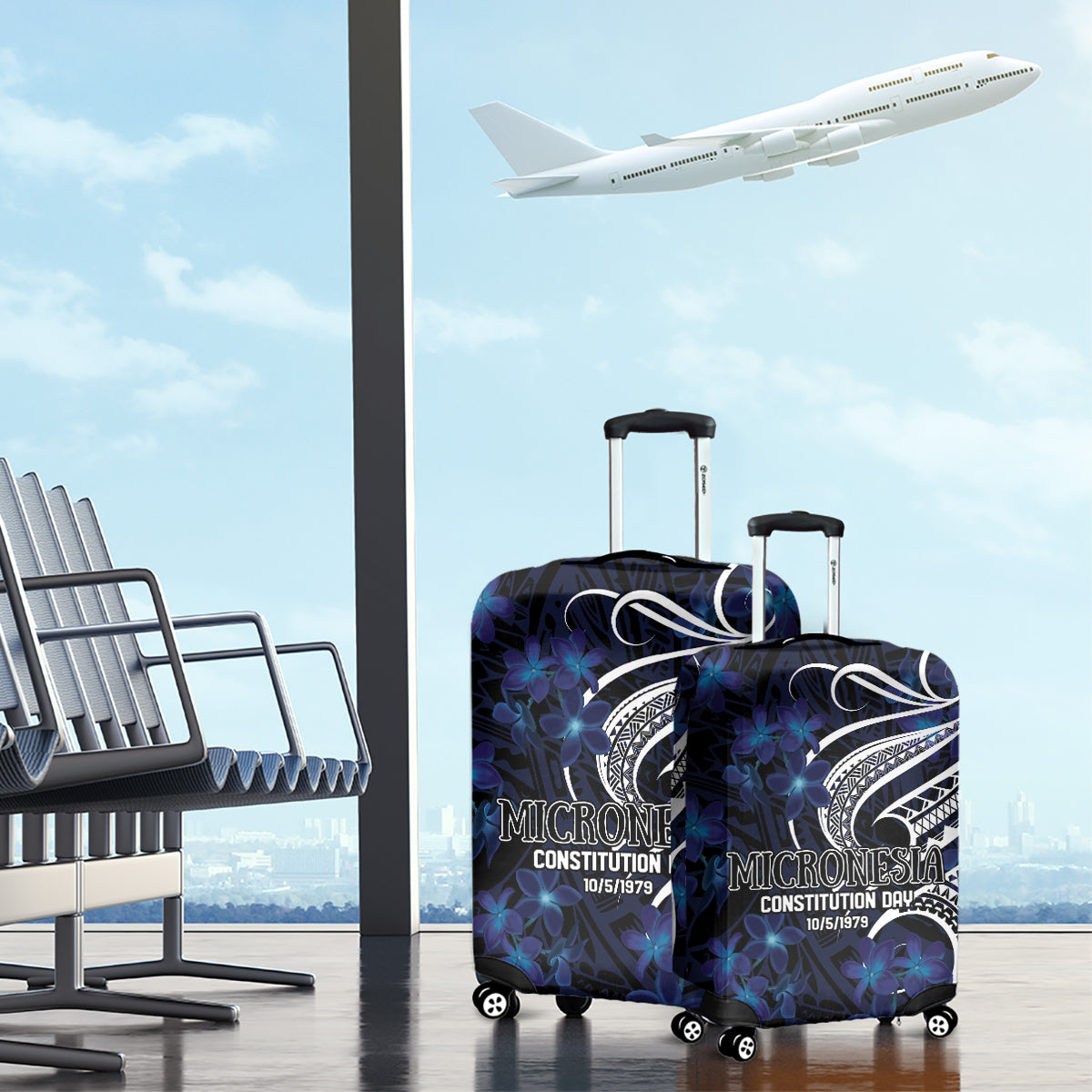 Micronesia Constitution Day Luggage Cover Since 1979 with Polynesian Hibiscus Pattern