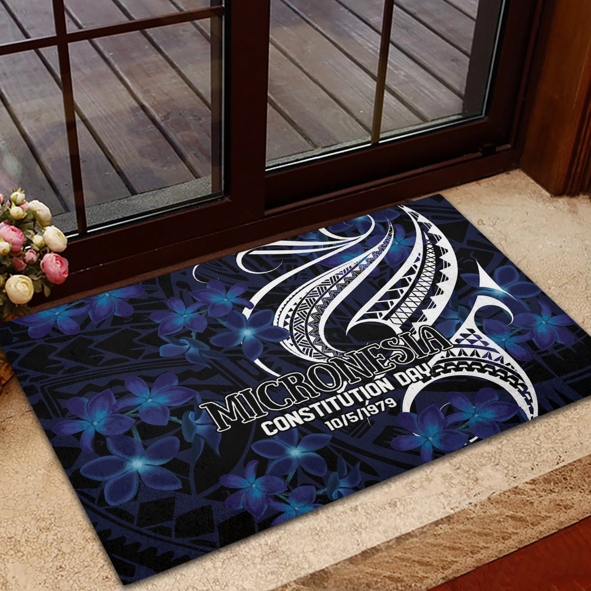 Micronesia Constitution Day Rubber Doormat Since 1979 with Polynesian Hibiscus Pattern