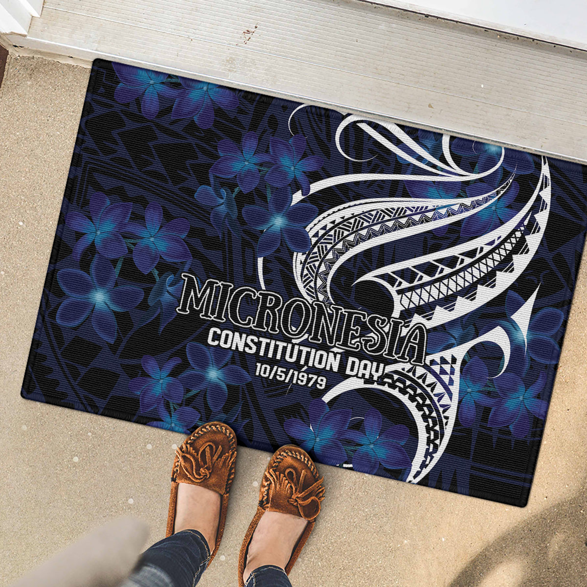 Micronesia Constitution Day Rubber Doormat Since 1979 with Polynesian Hibiscus Pattern
