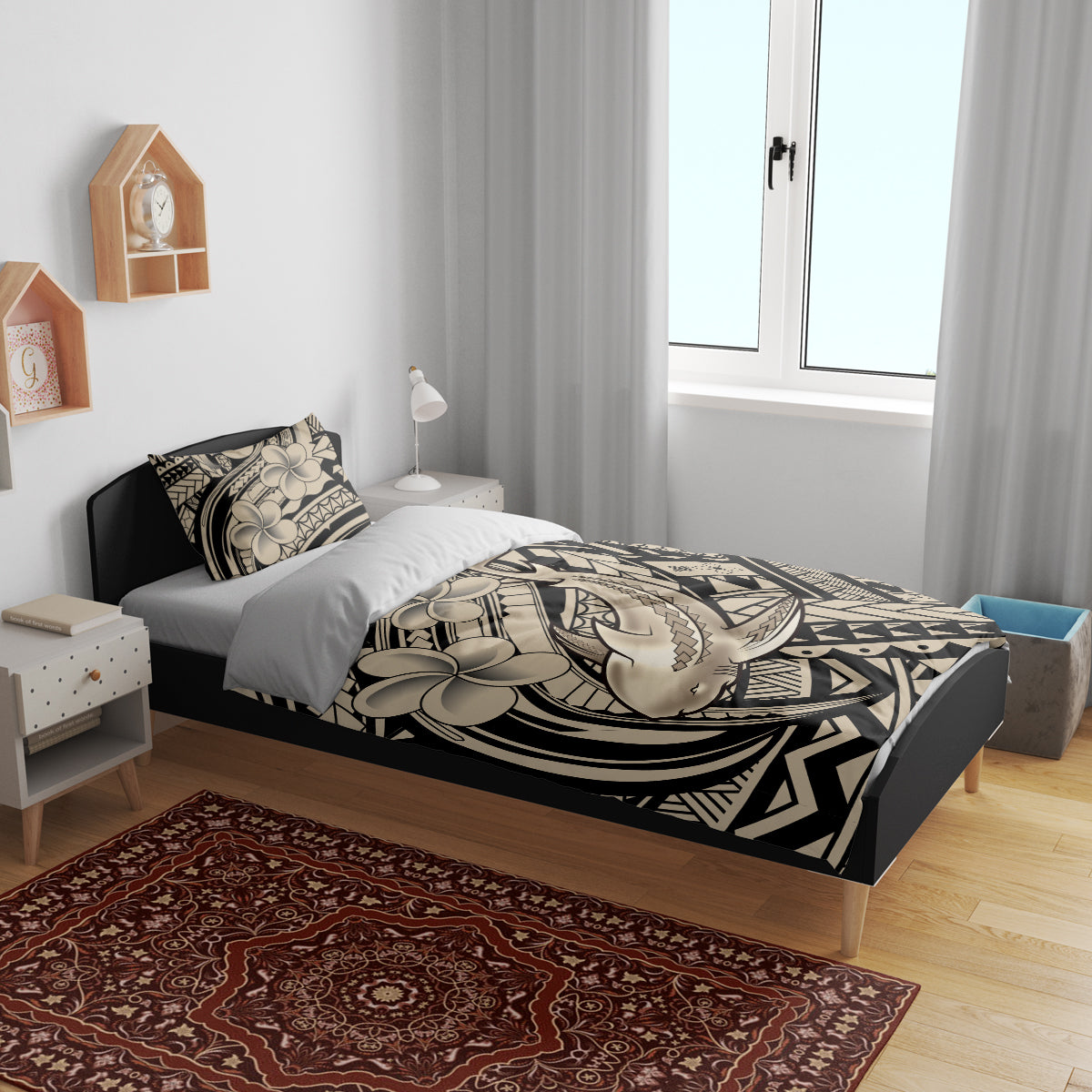 Polynesian Shark Tribal Tattoo Bedding Set Beige Style