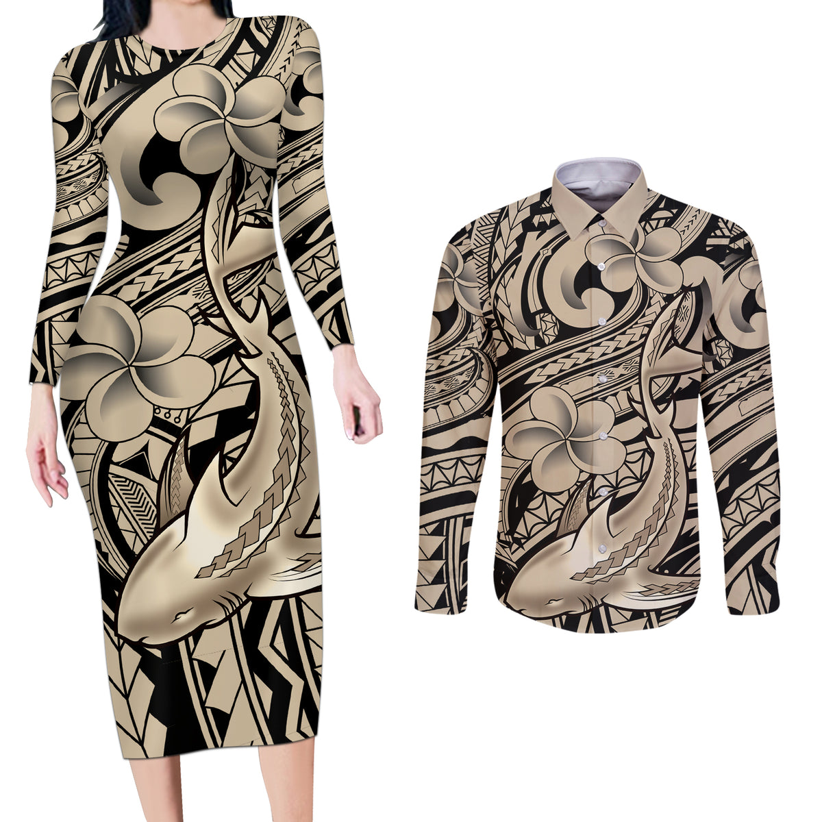 Polynesian Shark Tribal Tattoo Couples Matching Long Sleeve Bodycon Dress and Long Sleeve Button Shirt Beige Style