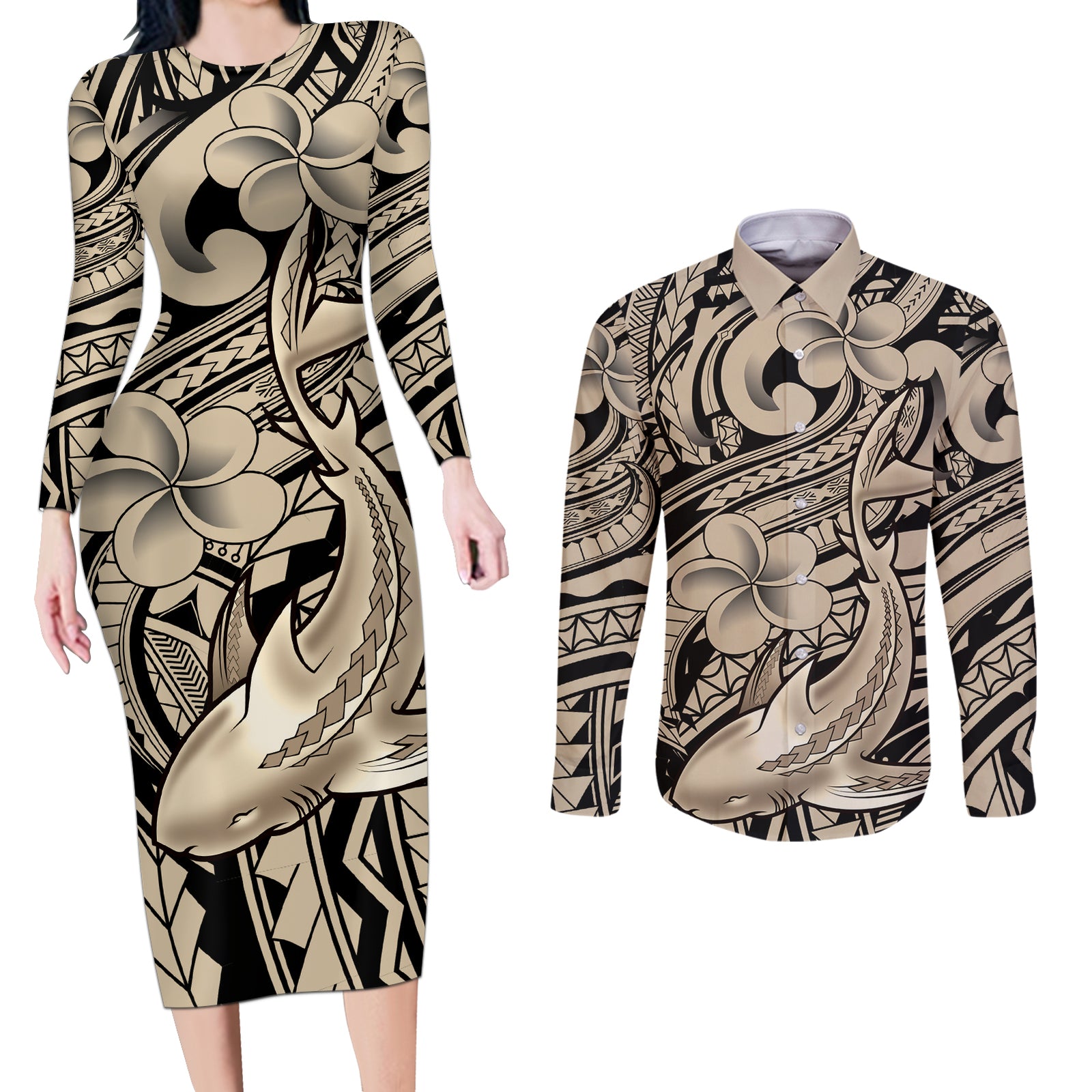 Polynesian Shark Tribal Tattoo Couples Matching Long Sleeve Bodycon Dress and Long Sleeve Button Shirt Beige Style LT9 Beige - Polynesian Pride