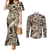 Polynesian Shark Tribal Tattoo Couples Matching Mermaid Dress and Long Sleeve Button Shirt Beige Style