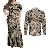 Polynesian Shark Tribal Tattoo Couples Matching Off Shoulder Maxi Dress and Long Sleeve Button Shirt Beige Style