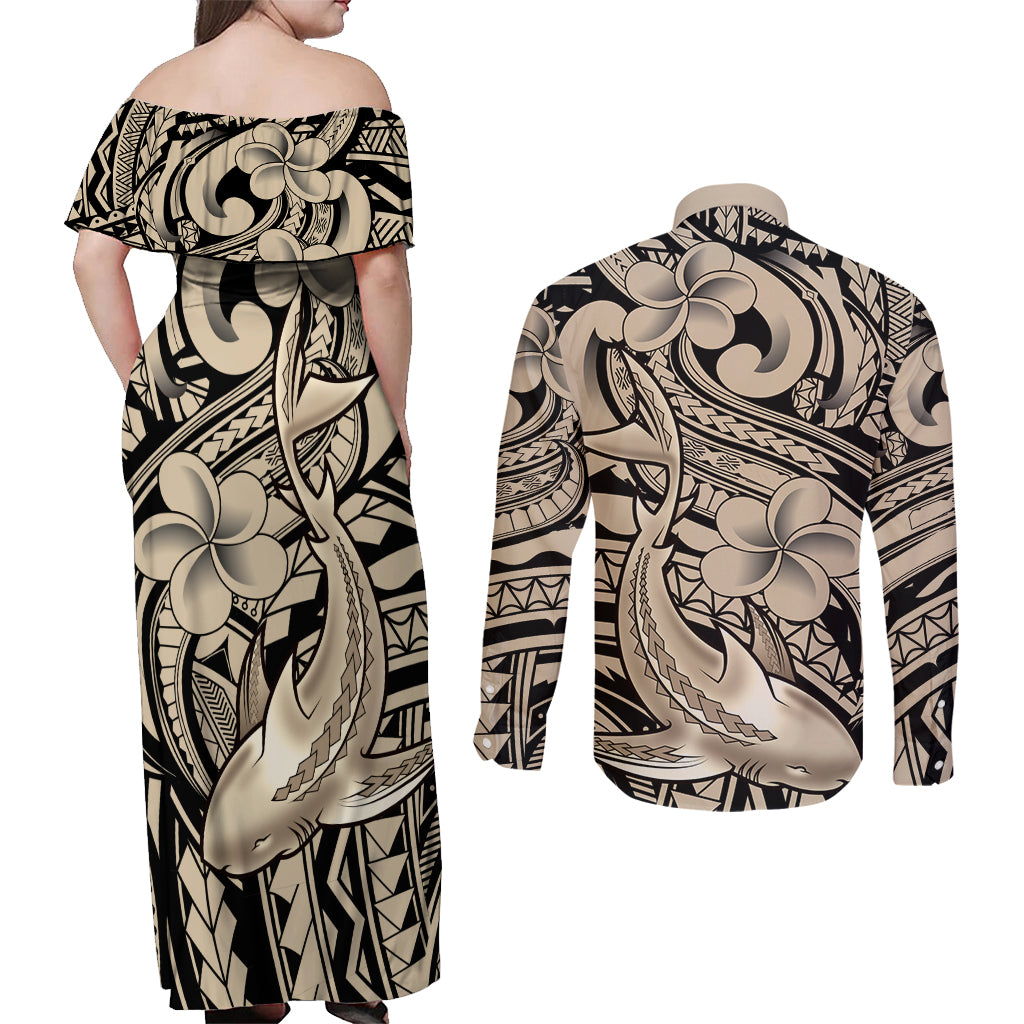 Polynesian Shark Tribal Tattoo Couples Matching Off Shoulder Maxi Dress and Long Sleeve Button Shirt Beige Style