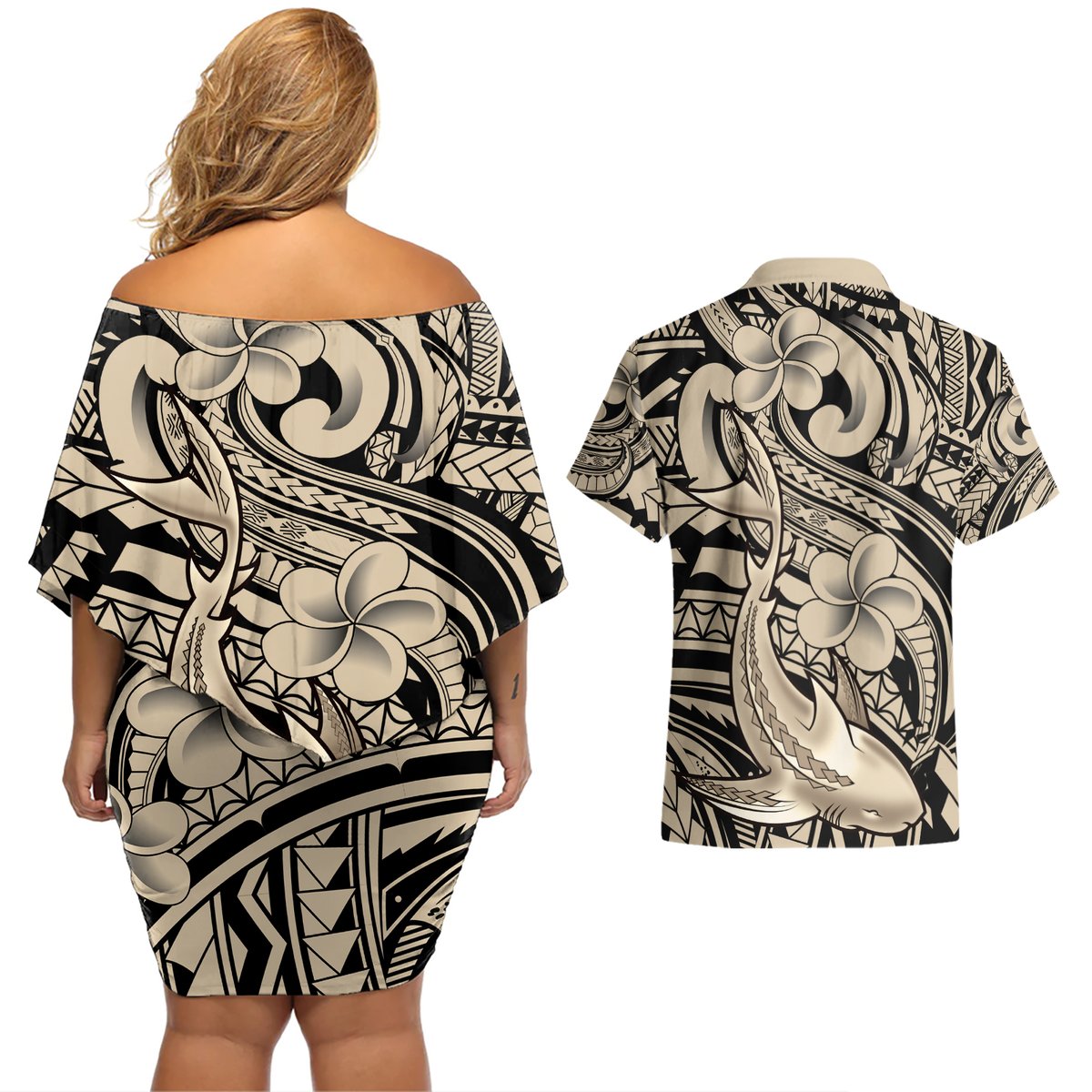 Polynesian Shark Tribal Tattoo Couples Matching Off Shoulder Short Dress and Hawaiian Shirt Beige Style
