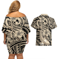 Polynesian Shark Tribal Tattoo Couples Matching Off Shoulder Short Dress and Hawaiian Shirt Beige Style