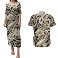 Polynesian Shark Tribal Tattoo Couples Matching Puletasi and Hawaiian Shirt Beige Style