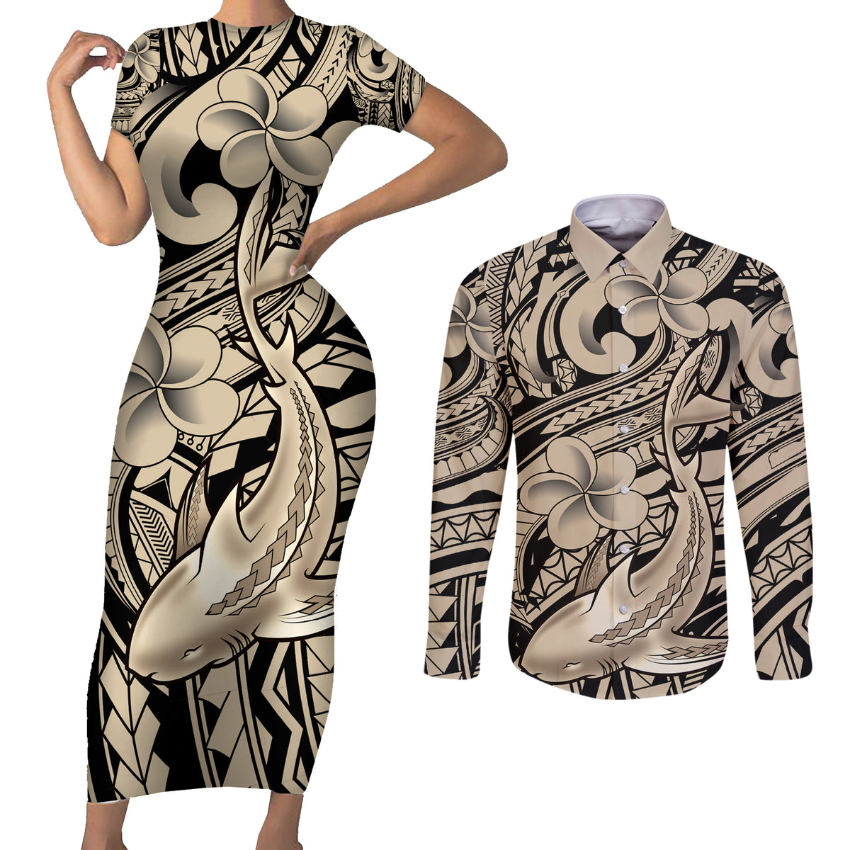 Polynesian Shark Tribal Tattoo Couples Matching Short Sleeve Bodycon Dress and Long Sleeve Button Shirt Beige Style