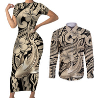 Polynesian Shark Tribal Tattoo Couples Matching Short Sleeve Bodycon Dress and Long Sleeve Button Shirt Beige Style