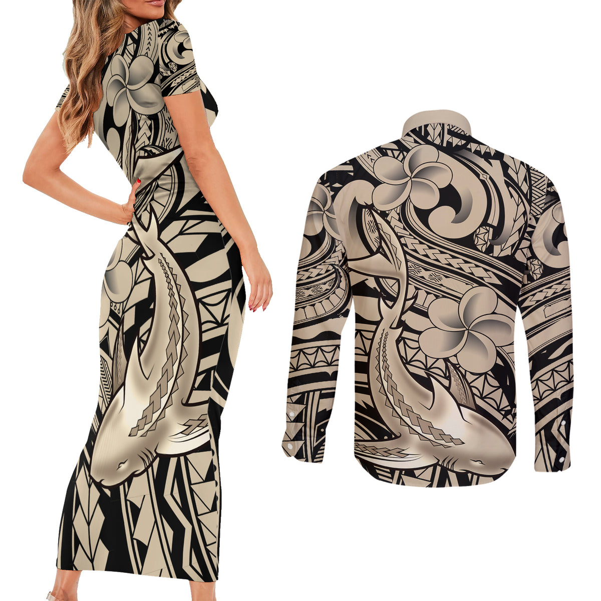 Polynesian Shark Tribal Tattoo Couples Matching Short Sleeve Bodycon Dress and Long Sleeve Button Shirt Beige Style