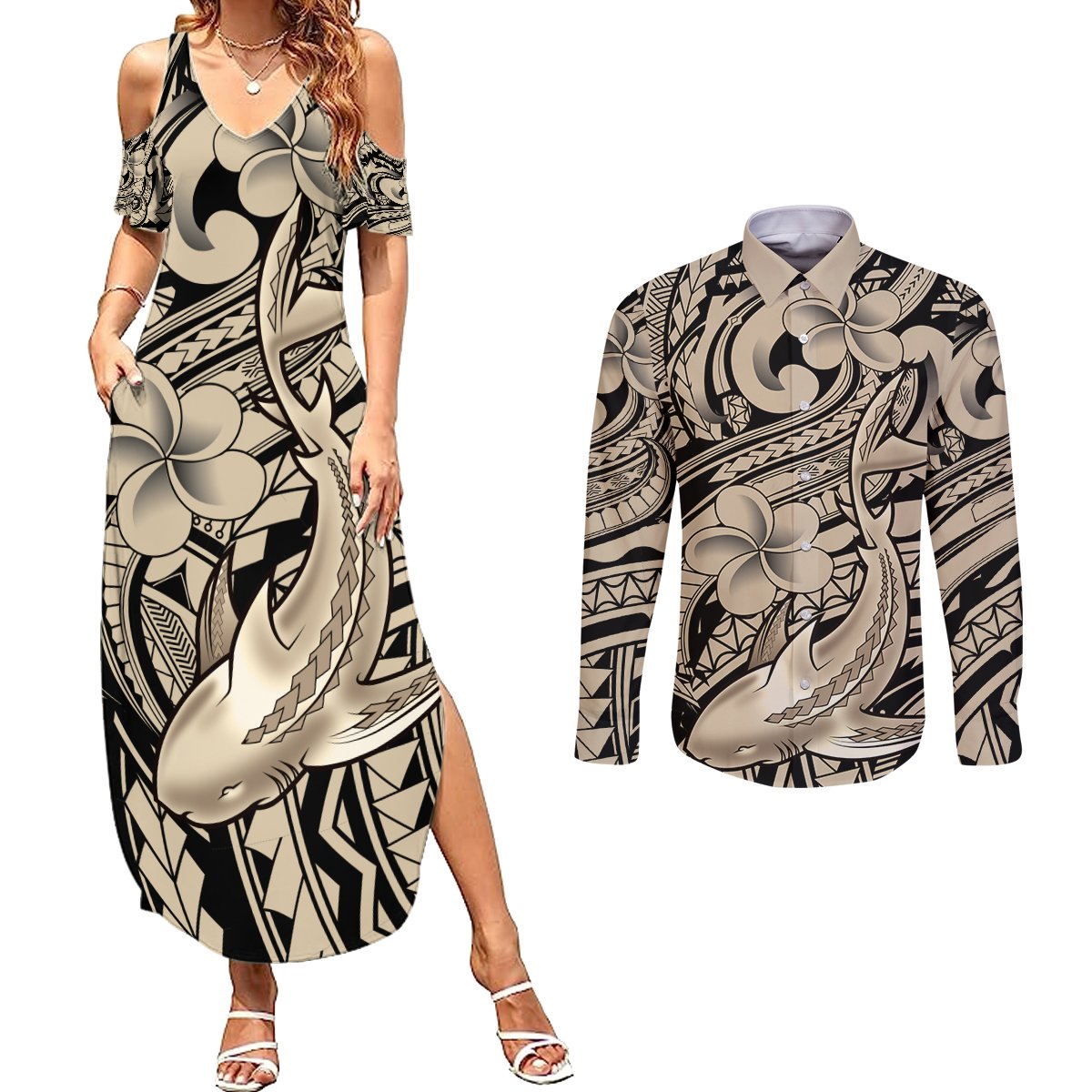 Polynesian Shark Tribal Tattoo Couples Matching Summer Maxi Dress and Long Sleeve Button Shirt Beige Style LT9 Beige - Polynesian Pride