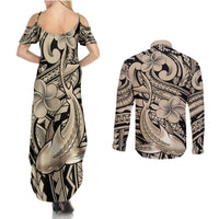 Polynesian Shark Tribal Tattoo Couples Matching Summer Maxi Dress and Long Sleeve Button Shirt Beige Style
