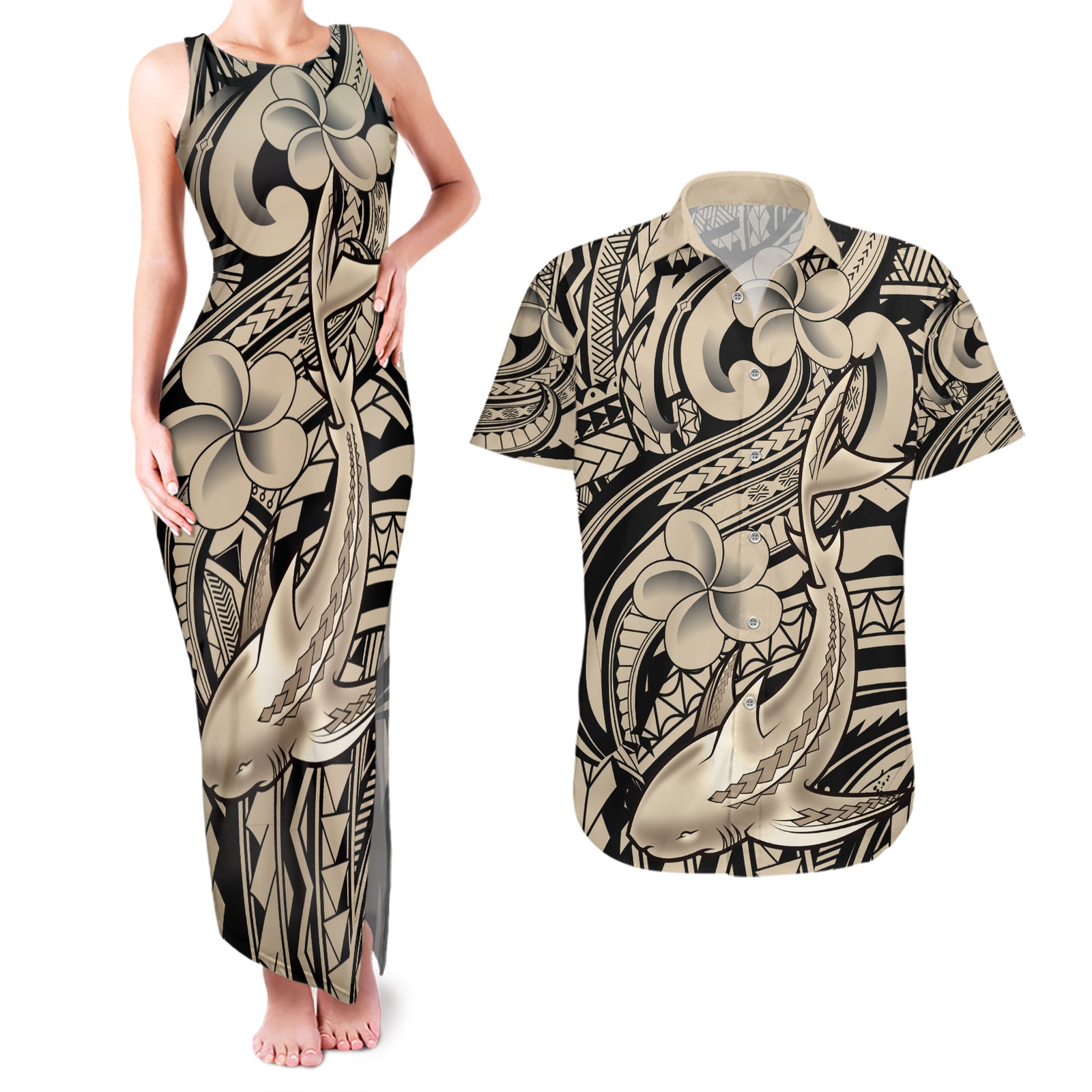 Polynesian Shark Tribal Tattoo Couples Matching Tank Maxi Dress and Hawaiian Shirt Beige Style