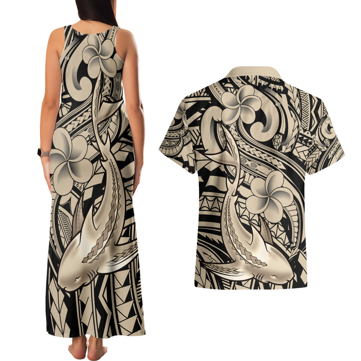 Polynesian Shark Tribal Tattoo Couples Matching Tank Maxi Dress and Hawaiian Shirt Beige Style