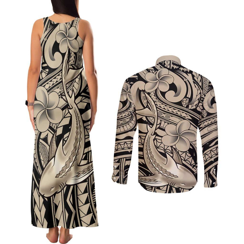 Polynesian Shark Tribal Tattoo Couples Matching Tank Maxi Dress and Long Sleeve Button Shirt Beige Style