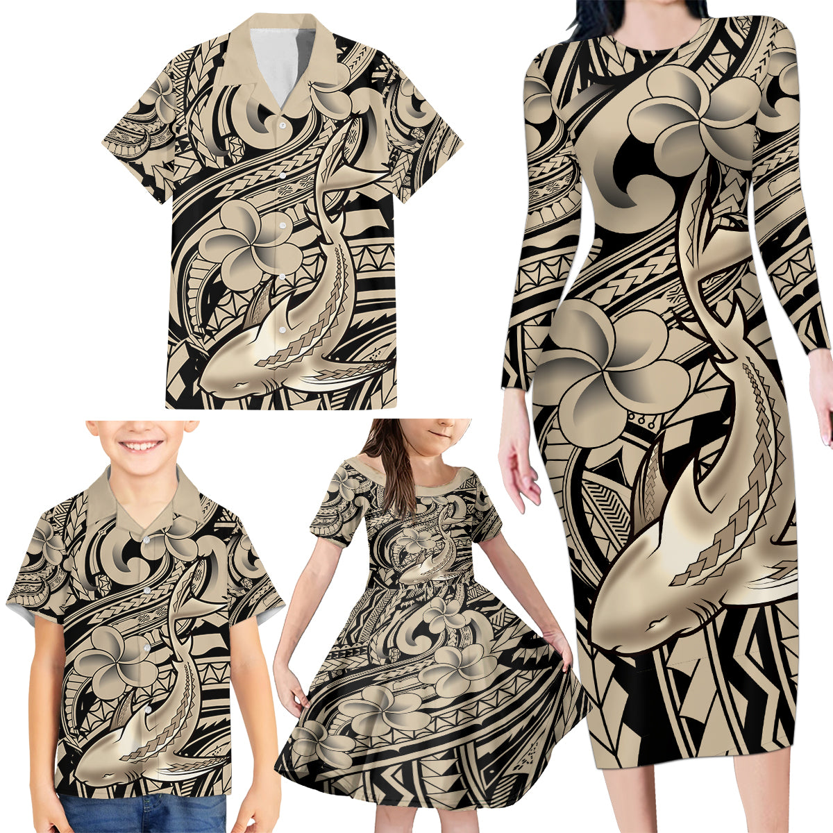 Polynesian Shark Tribal Tattoo Family Matching Long Sleeve Bodycon Dress and Hawaiian Shirt Beige Style LT9 - Polynesian Pride