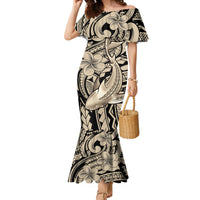Polynesian Shark Tribal Tattoo Family Matching Mermaid Dress and Hawaiian Shirt Beige Style LT9 Mom's Dress Beige - Polynesian Pride