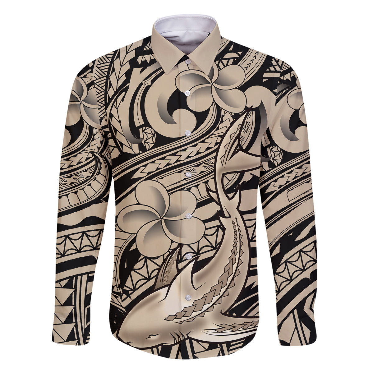 Polynesian Shark Tribal Tattoo Family Matching Off The Shoulder Long Sleeve Dress and Hawaiian Shirt Beige Style LT9 Dad's Shirt - Long Sleeve Beige - Polynesian Pride