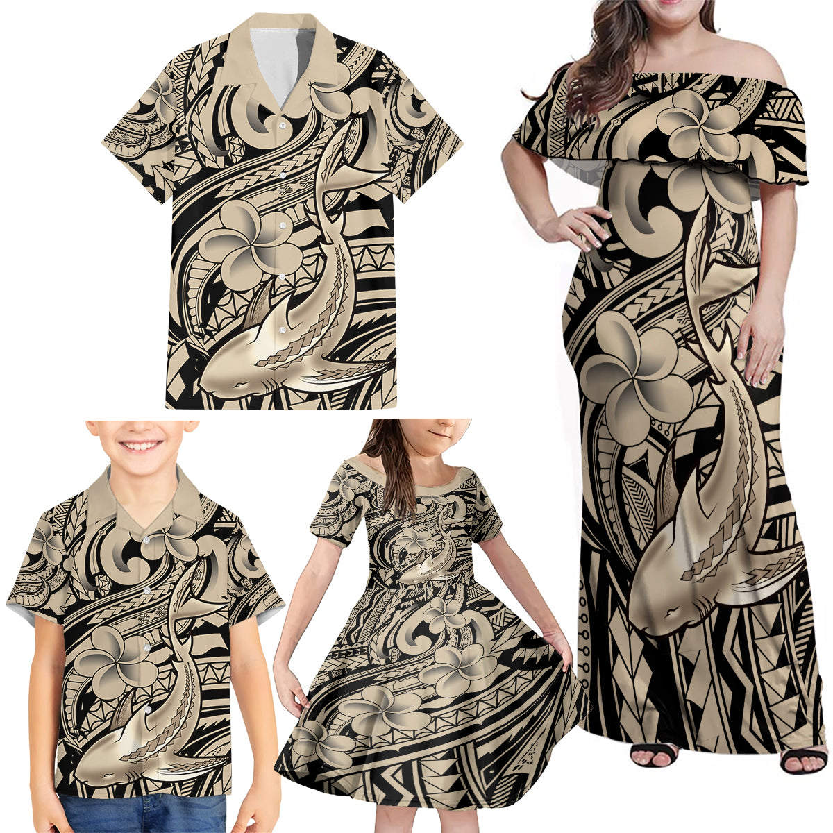 Polynesian Shark Tribal Tattoo Family Matching Off Shoulder Maxi Dress and Hawaiian Shirt Beige Style LT9 - Polynesian Pride
