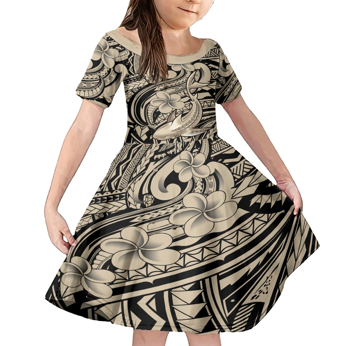 Polynesian Shark Tribal Tattoo Family Matching Off Shoulder Short Dress and Hawaiian Shirt Beige Style LT9 Daughter's Dress Beige - Polynesian Pride